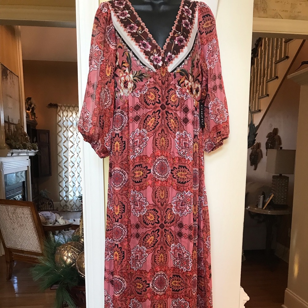 New with tag Cheztu pink mauve white etc. design fully lined maxi dress Sz 6